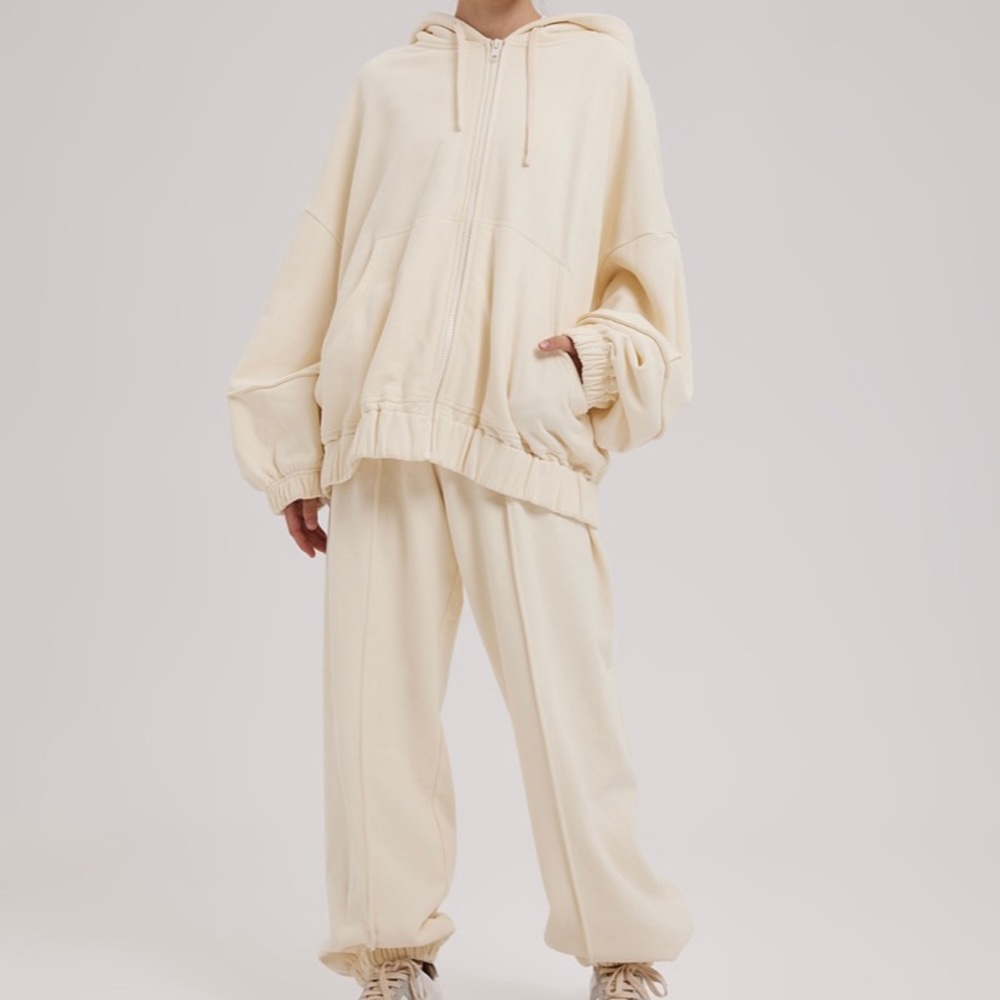 Nap Loungewear Cotton Zipped Hoodie Set, Ivory, Size M
